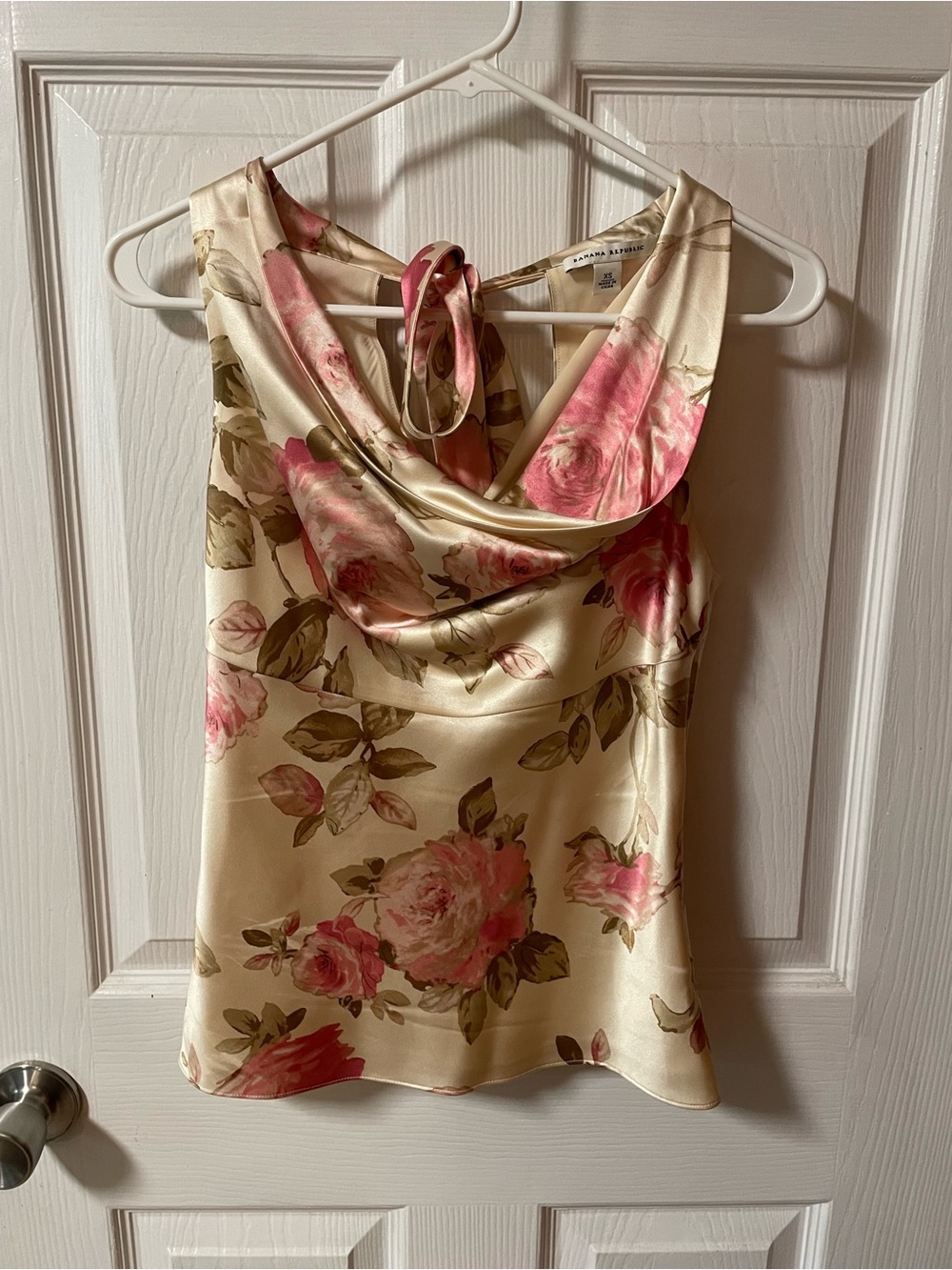Banana Republic Cream Satin Floral Cowl Tank with Pink Roses